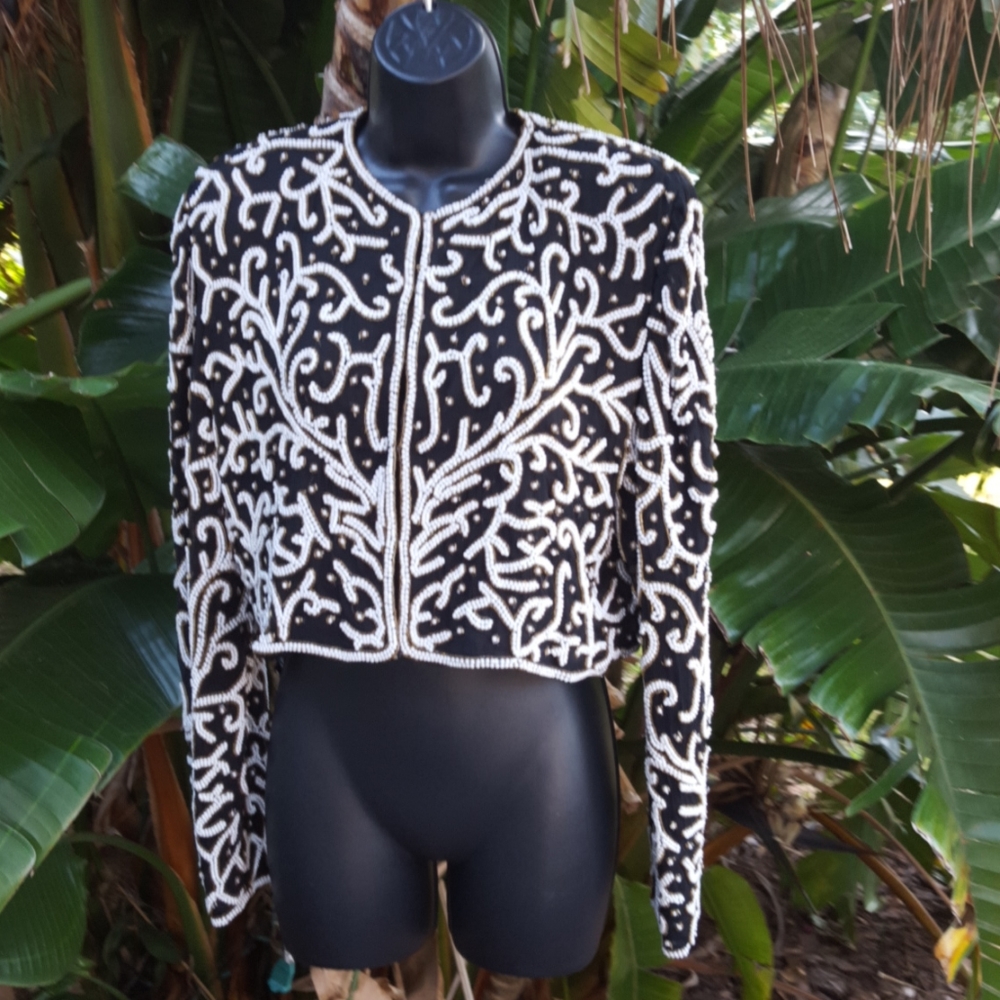 Vintage 80s  pearl and sequin tapestry crop jacket